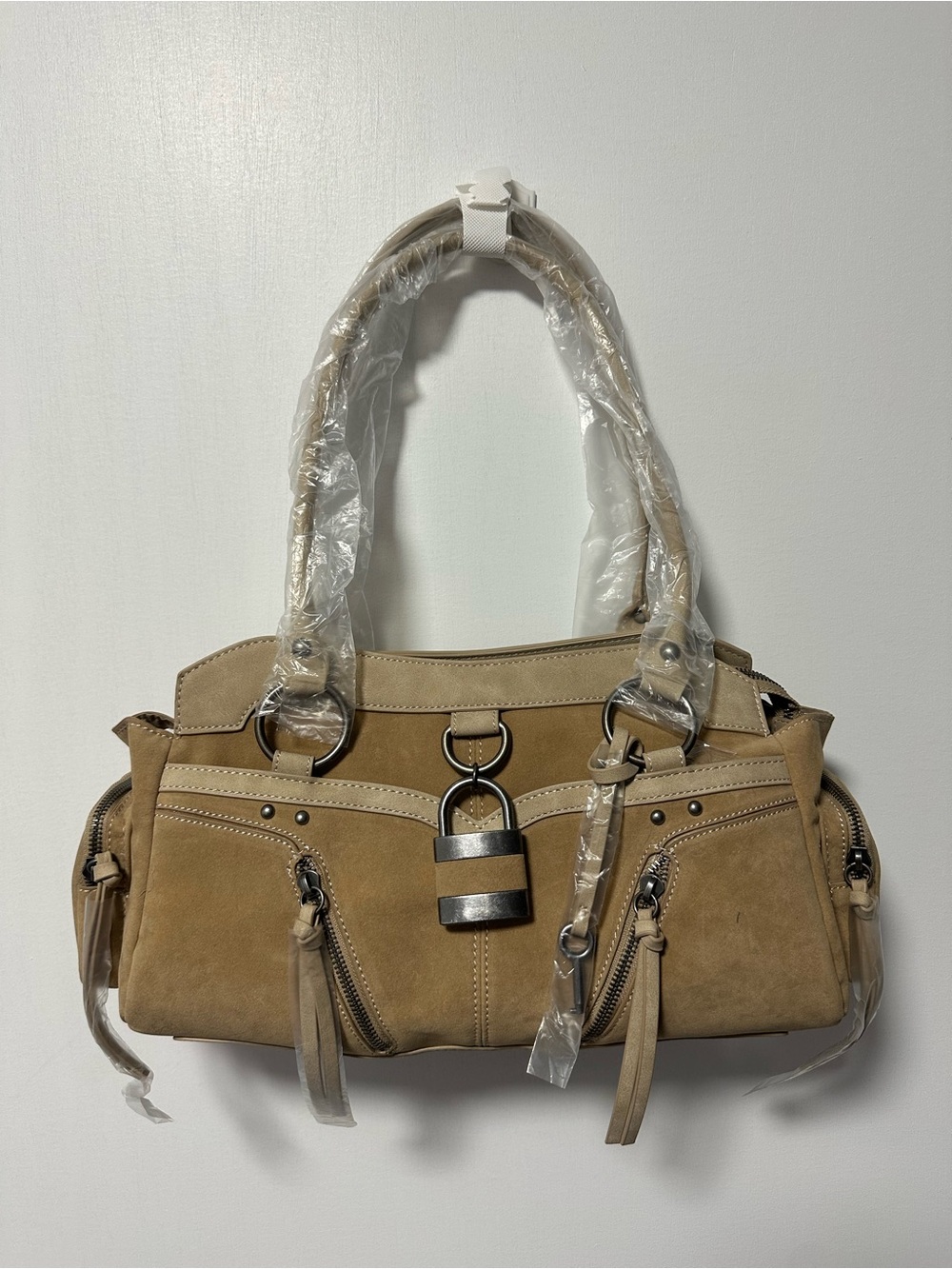 Khaki Suede Dual-Handle Satchel